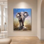 Olifant in het hoge gras, Dieren schilderij aan de muur in interieur