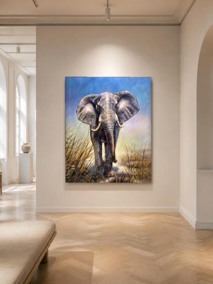Olifant in het hoge gras, Dieren schilderij aan de muur in interieur