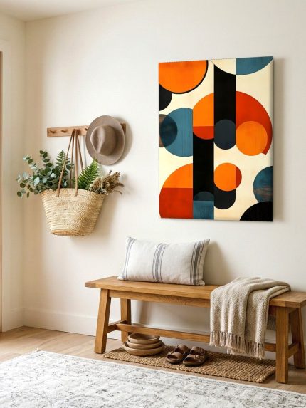 Cirkelspel in Oranje en Navy, Abstract & Modern schilderij aan de muur in interieur