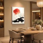Rode Zon boven Zwarte Rotsen, Natuur & Landschap schilderij aan de muur in interieur