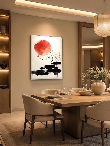 Rode Zon boven Zwarte Rotsen, Natuur & Landschap schilderij aan de muur in interieur