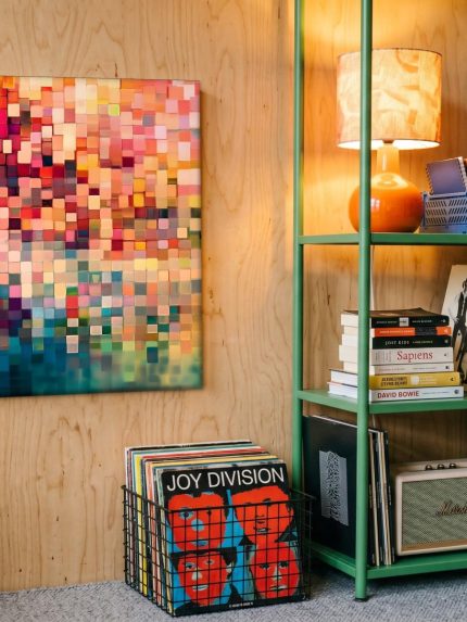 Mozaïek van Kleur, Abstract & Modern schilderij aan de muur in interieur