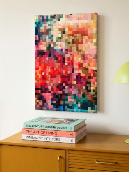 Kleurmozaïek in Warm Rood, Abstract & Modern schilderij aan de muur in interieur