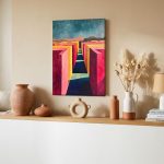 Doolhof in Roze en Goud, Abstract & Modern schilderij aan de muur in interieur