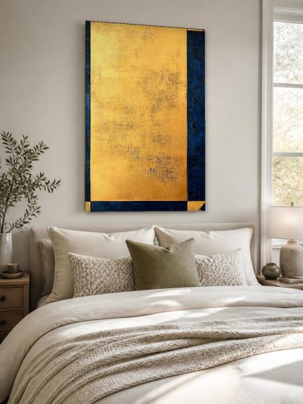 Goud en Blauw in Balans, Abstract & Modern schilderij aan de muur in interieur