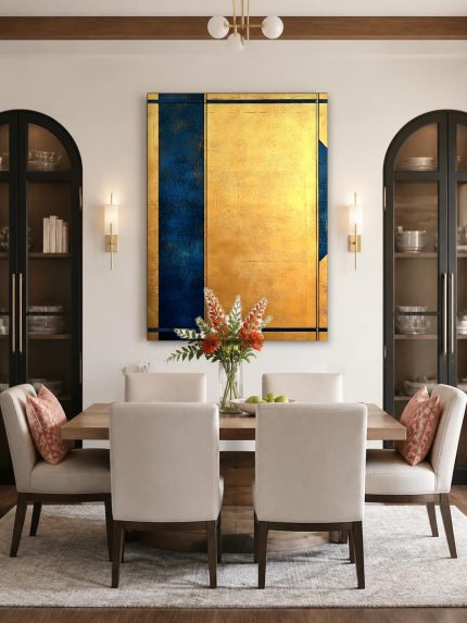 Gouden Vlakken met Navy Baan, Abstract & Modern schilderij aan de muur in interieur