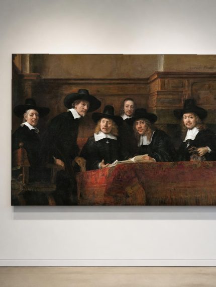 De Staalmeesters (naar Rembrandt), Mensen & Portretten schilderij aan de muur in interieur