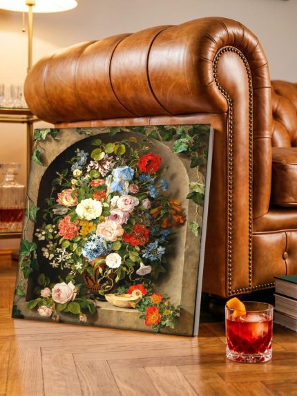 Bloemenboeket in nis (naar Cornelis van Spaendonck), Bloemen & Stilleven schilderij aan de muur in interieur