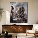 Zeeslag op Woeste Golven, Natuur & Landschap schilderij aan de muur in interieur