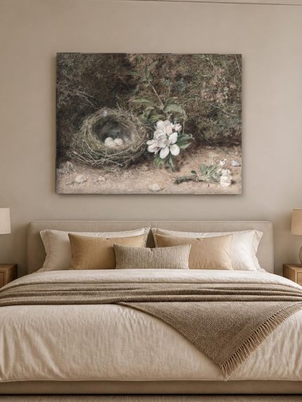Vogelnest met appelbloesem, Dieren schilderij aan de muur in interieur