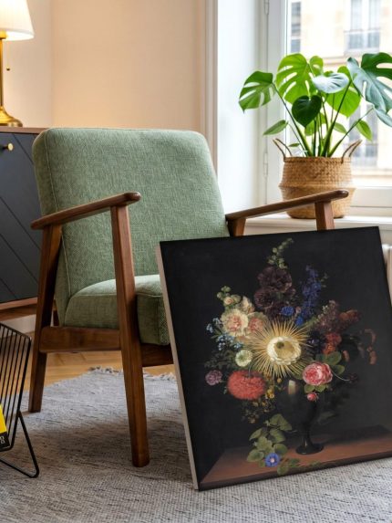 Weelderig Boeket in Klassieke Vaas, Bloemen & Stilleven schilderij aan de muur in interieur