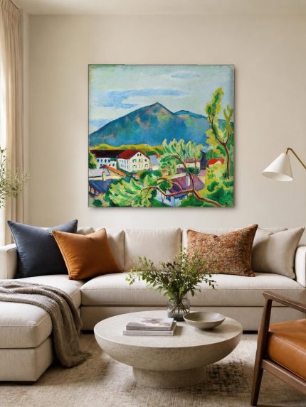 Kleurrijk Dorp bij de Berg, Natuur & Landschap schilderij aan de muur in interieur