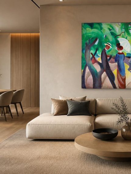 Dame met Parasol (naar Macke), Mensen & Portretten schilderij aan de muur in interieur
