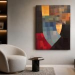 Mozaïek in Aarde en Blauw, Abstract & Modern schilderij aan de muur in interieur