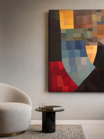 Mozaïek in Aarde en Blauw, Abstract & Modern schilderij aan de muur in interieur