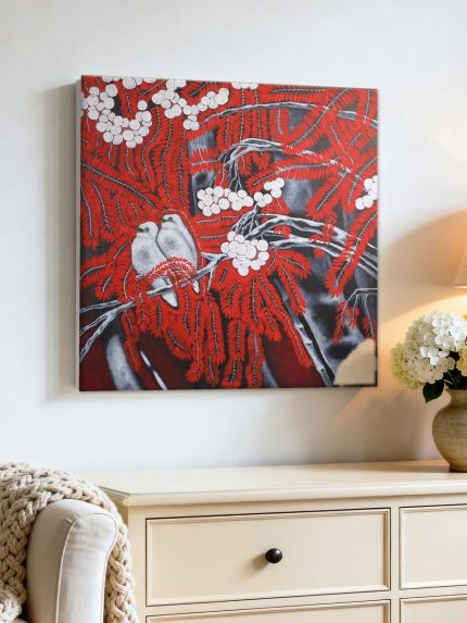Twee vogels in rode varens, Dieren schilderij aan de muur in interieur