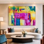 Magenta Vlakken in Geel, Abstract & Modern schilderij aan de muur in interieur
