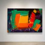 Vlakken in Vuur en Smaragd, Abstract & Modern schilderij aan de muur in interieur