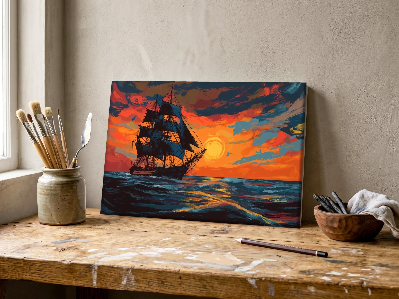 Zeilschip in Vuurgloed, Natuur & Landschap schilderij aan de muur in interieur