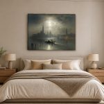 Venetiaanse Lagune bij Maanlicht, Steden & Skylines schilderij aan de muur in interieur