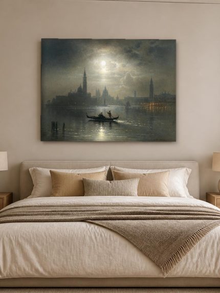 Venetiaanse Lagune bij Maanlicht, Steden & Skylines schilderij aan de muur in interieur