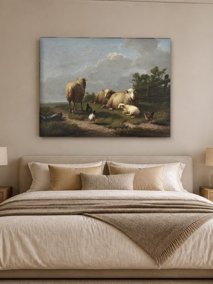 Kudde schapen (naar Verboeckhoven), Dieren schilderij aan de muur in interieur