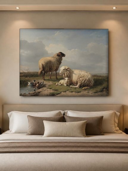 Schapen aan de waterkant (naar Verboeckhoven), Dieren schilderij aan de muur in interieur