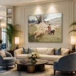 Herderin met Kudde in het Veld, Dieren schilderij aan de muur in interieur