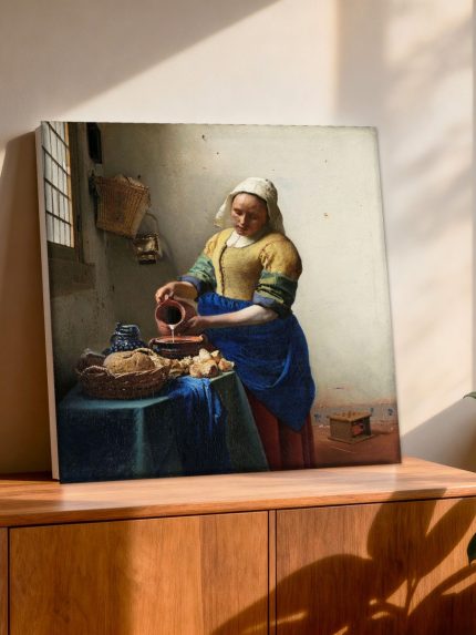 Het Melkmeisje (naar Vermeer), Mensen & Portretten schilderij aan de muur in interieur