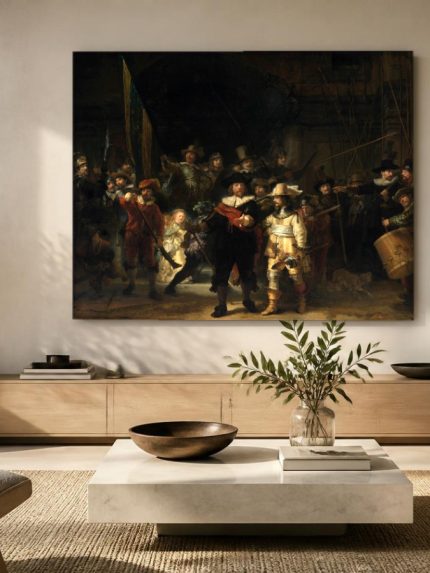 De Nachtwacht (naar Rembrandt), Mensen & Portretten schilderij aan de muur in interieur