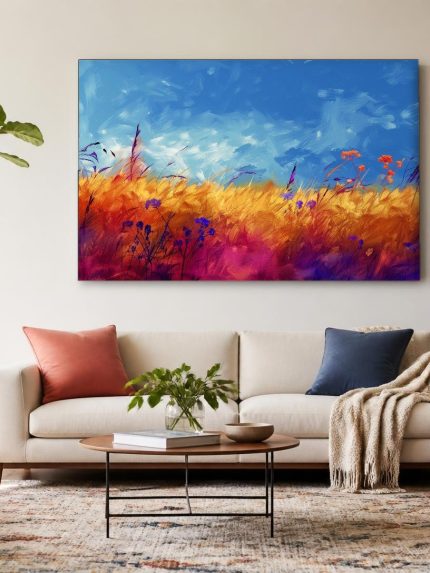 Gouden Grasveld met Wilde Bloemen, Bloemen & Stilleven schilderij aan de muur in interieur