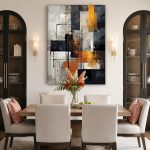 Geometrisch Spel in Zwart en Oker, Abstract & Modern schilderij aan de muur in interieur