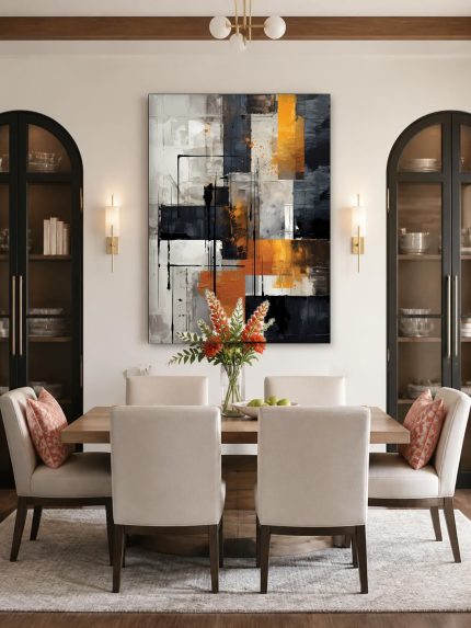 Geometrisch Spel in Zwart en Oker, Abstract & Modern schilderij aan de muur in interieur