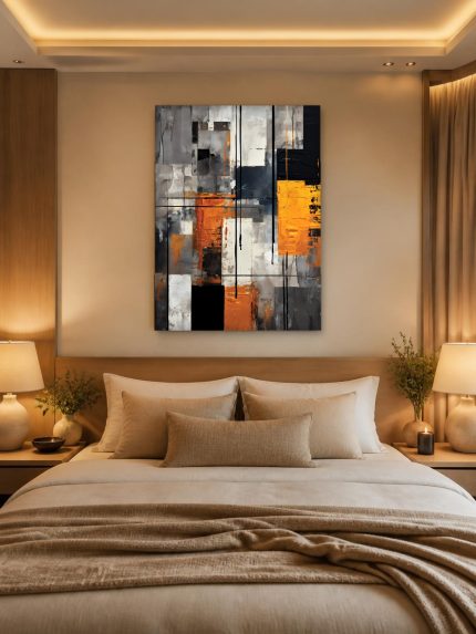Rasterspel in Oranje en Zwart, Abstract & Modern schilderij aan de muur in interieur