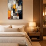 Geometrisch Contrast in Oker en Zwart, Abstract & Modern schilderij aan de muur in interieur