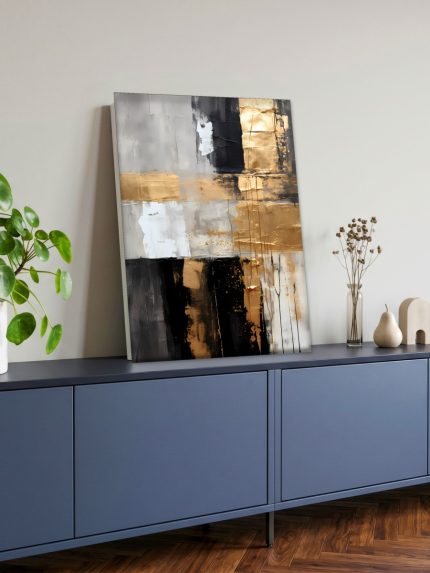 Gouden Vlakken in Balans, Abstract & Modern schilderij aan de muur in interieur