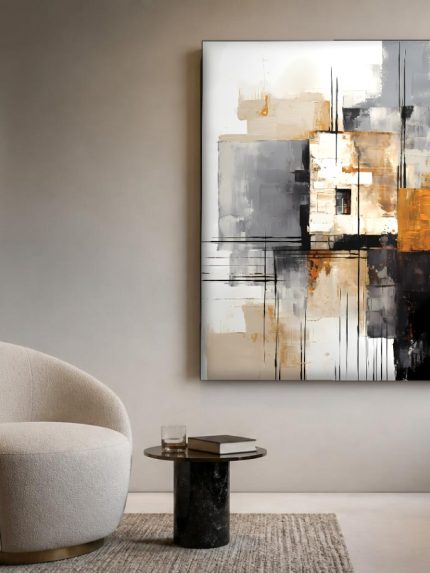 Verweerde Gevels in Goud, Abstract & Modern schilderij aan de muur in interieur