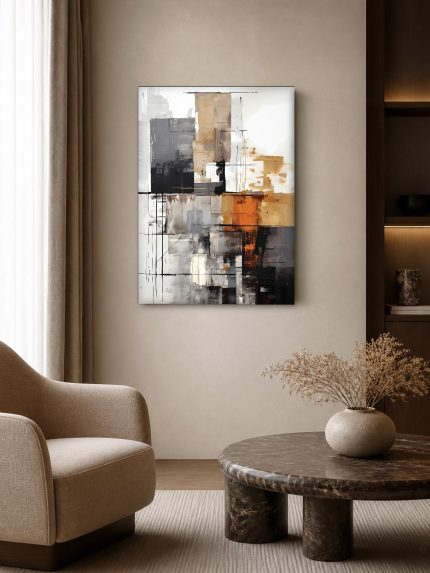 Rasterspel in Oker, Abstract & Modern schilderij aan de muur in interieur
