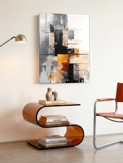Geometrisch Vlakkenspel in Oker, Abstract & Modern schilderij aan de muur in interieur