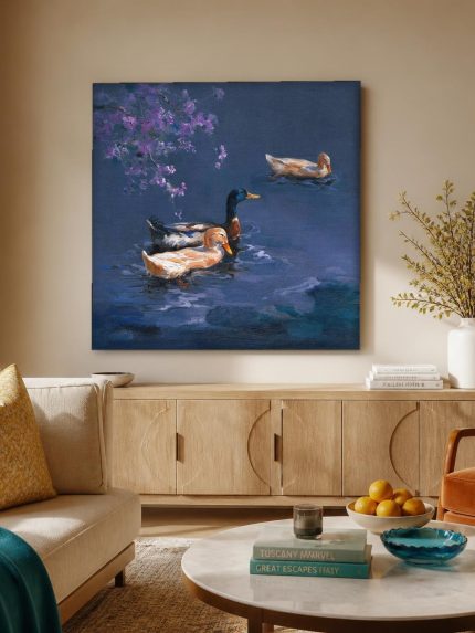 Eenden onder Bloesemtak, Dieren schilderij aan de muur in interieur