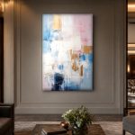 Blauw en Roze Reflectie, Abstract & Modern schilderij aan de muur in interieur