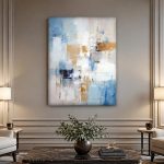 Verticale Vlakken in Blauw en Goud, Abstract & Modern schilderij aan de muur in interieur