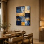 Blauwe Vlakken met Goud, Abstract & Modern schilderij aan de muur in interieur