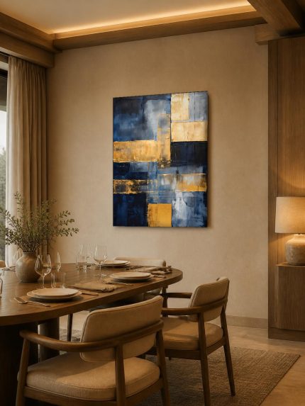 Blauwe Vlakken met Goud, Abstract & Modern schilderij aan de muur in interieur