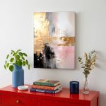 Goudglans en Roze Waas, Abstract & Modern schilderij aan de muur in interieur