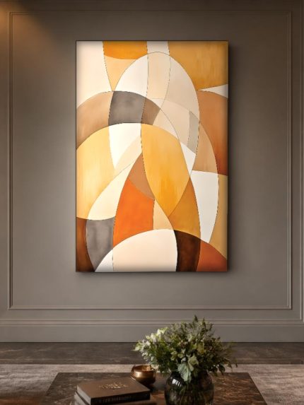 Gebroken Cirkels in Amber, Abstract & Modern schilderij aan de muur in interieur