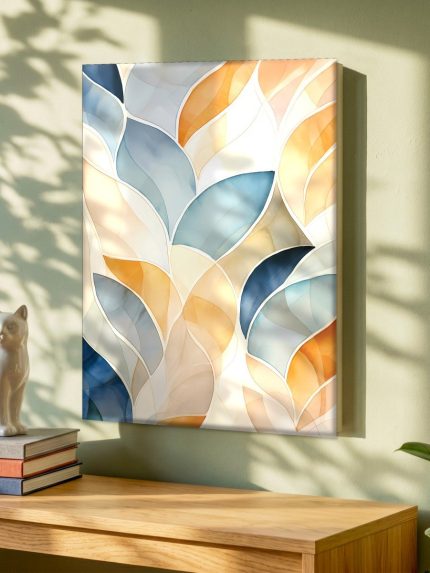 Bladvormen in Blauw en Oker, Abstract & Modern schilderij aan de muur in interieur