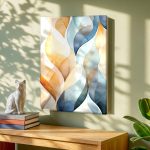 Golvende Bladeren in Oker en Blauw, Abstract & Modern schilderij aan de muur in interieur