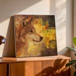 Wolf in Gouden Licht, Dieren schilderij aan de muur in interieur