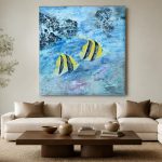 Gestreepte Vissen in Blauw Water, Dieren schilderij aan de muur in interieur